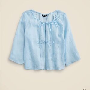 J. Crew tie front eyelot top in ramie, calm blue
